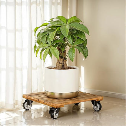 2pack Wood Plant Caddy With Wheels Heavy Duty, 264 Lbs Capacity, Upgraded 12 Inch Acacia Hardwood Plant Dolly, Plant Stand with 360° Lockable Wheels, Plant Caster for Heavy Objects Hauling - Natural Wood