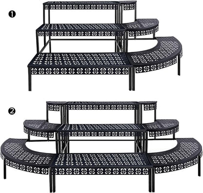 aboxoo 3 Tier Plant Stand Flower Pot Rack, Metal Stair-Step Style Corner Shelf Planters, Quarter Round Display Holder for Indoor Outdoor Use(Black, Semicircle)