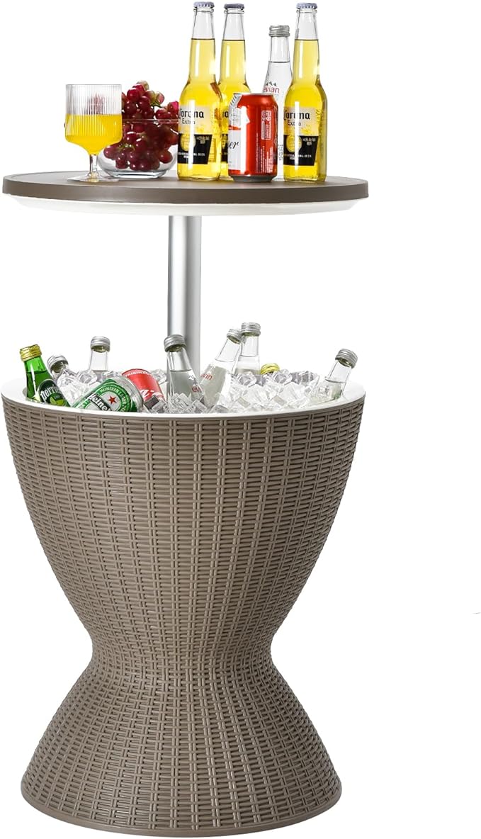 Tangkula Outdoor Cool Bar Table, Rattan Style Patio 8 Gallon Beer and Wine Cooler, All-Weather Ice Bucket w/Height Adjustable Top, Drainage Plug, 3-in-1 Cocktail Coffee Table for Party, Pool (Coffee)