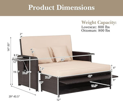 LDAILY Moccha Outdoor Daybed, Wicker Loveseat Sofa Set with 4-Postion Adjustable Backrest, Storage Ottoman, Cushions, Rattan Double Bed Lounger, Patio Furniture Set (Beige)