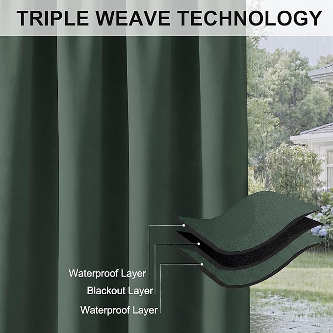 RYB HOME Outdoor Curtains for Patio Waterproof Block Sunlight Thermal Insulated Privacy Assured Thick Outside Curtains for Porch, Gazebo, Pergola, W84 x L84, Dark Green, 1 Panel
