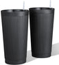 Self Watering Tall Black Planters Outdoor Set of 2, 24” Flower Pots Planters for Outdoor Plants, Modern Plastic Tall Planter for Front Porch, with Drainage Hole (Ribbed)
