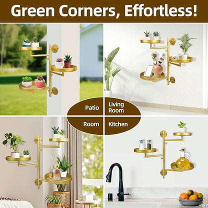 Rotating Window Plant Shelves with Adjustable Knobs, 3 Tiers Metal Wall Shelf for Plants Indoor, Sturdy Hanging Plant Holder, Window Wall Decor & Gardening Gifts (Golden)