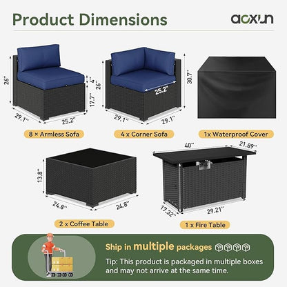 Aoxun 15 Piece Patio Furniture Set with 44” Fire Pit Table, Wicker Rattan Patio Sectional Sofa, Outdoor Furniture Set with Thickened Cushion, Blue