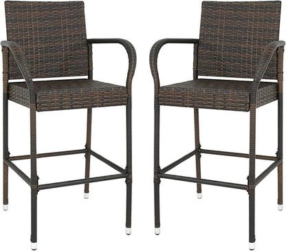 SUPER DEAL Upgraded Wicker Bar Stool Chairs Outdoor Backyard Rattan Chair w/Iron Frame, Armrest and Footrest (2)