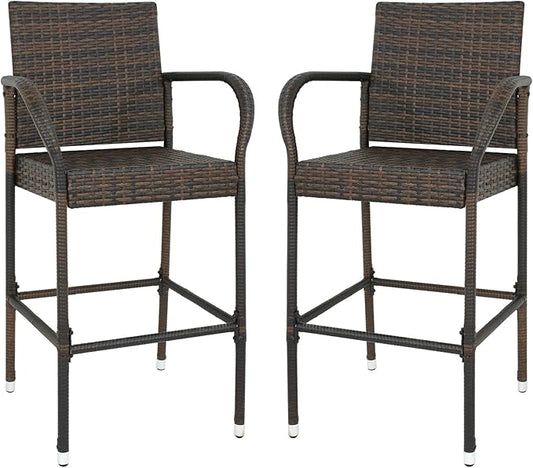 SUPER DEAL Upgraded Wicker Bar Stool Chairs Outdoor Backyard Rattan Chair w/Iron Frame, Armrest and Footrest (2)