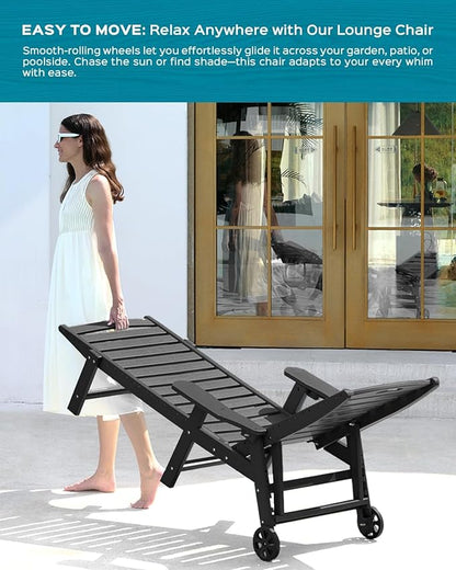 Outdoor Chaise Lounge Chair Set of 2, Patio Lounge Chairs for Outside, HDPE Lounge Chairs with Wheels & Cup Holder, Poly Lounge Chair with 5 Position for Poolside, Deck, Black