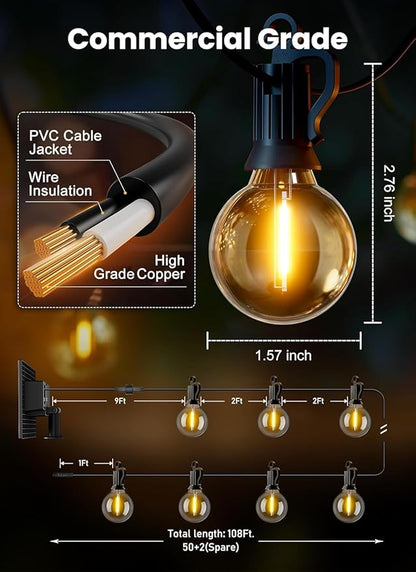 Brightown 108FT 52 LED Solar String Lights Outdoor with Remote & USB Port, Shatterproof Bulbs, Dimmable & Timable, 3 Light Modes, Patio Lights Solar Powered for Camping Backyard Garden Decor