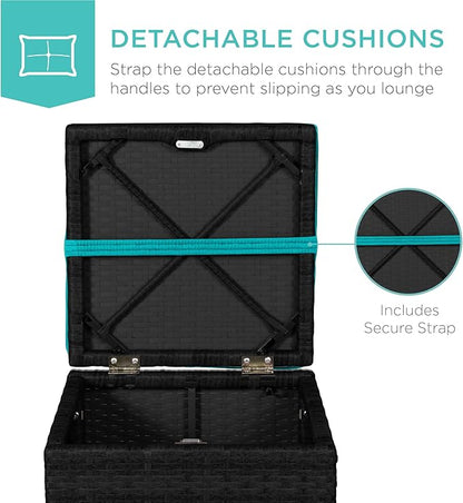 Best Choice Products Set of 2 Wicker Ottomans, Multipurpose Outdoor Furniture for Patio, Backyard, Additional Seating, Footrest, Side Table w/Storage, Removable Cushions - Black/Teal