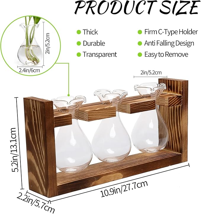 Terrarium Propagation Station, 3 Clear Borosilicate Glass Bulbs, Wooden Stand