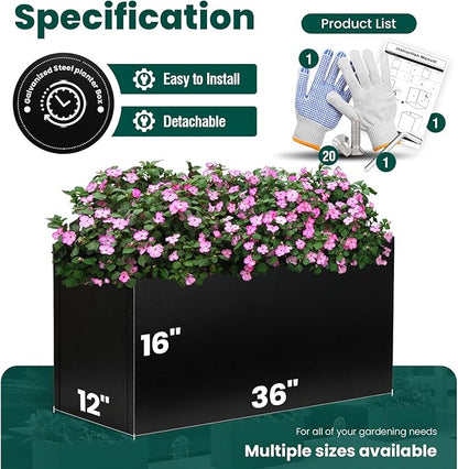 Black Planter Box Galvanized Steel Rectangular Metal Planter 36" L x 12" W x 16" H Indoor Large Outdoor Planters Steel Metallic Heavy Flower Pot Commercial Residential for Patio, Backyard, Garden