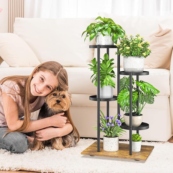 iDavosic.ly 4 Tier Plant Stand Indoor Outdoor, Tiered Corner Multiple Flower Pot Holder Shelf, Metal 30 Inch Tall Display Rack for Patio Porch Living Room Garden Balcony, Modern Black & Rustic Brown