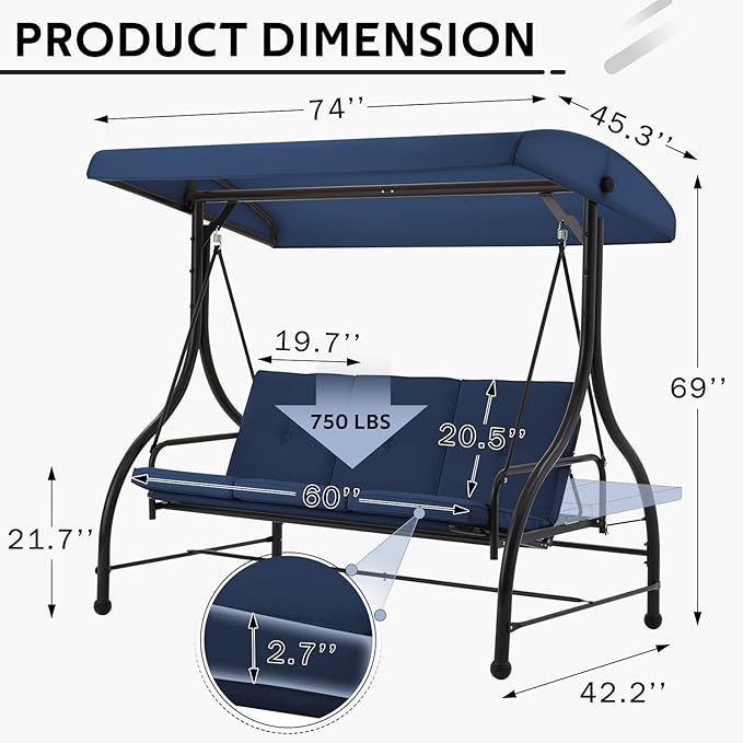 U-MAX Porch Swing Chair with Adjustable Backrest&Canopy, 3 Seat Patio Swing with Canopy 2-in-1 Convertible Outdoor Swing with Canopy Patio Daybed with Removable Blue Cushions for Adults