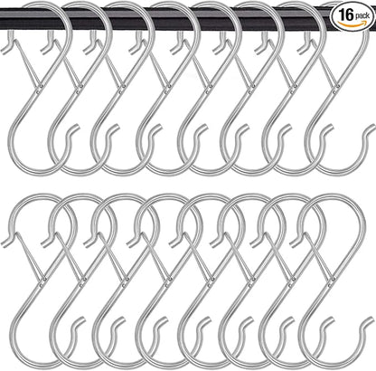 16 Pack S Shaped Hooks - 3.5 inch Heavy Duty Hooks with Safety Buckle for Hanging Plants, Clothes, Kitchen Utensils, Bags (Silver)