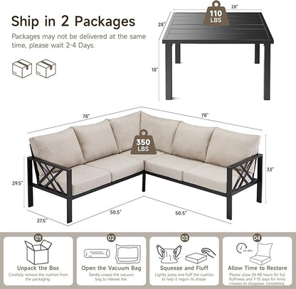 Patio Furniture Set, 6-piece Metal Sectional Furniture Sofa with Coffee Table, L Shaped Outdoor Couch with Olefin Cushion, Highback Frame, Outdoor Patio Conversation Sets for Balcony Backyard, Beige