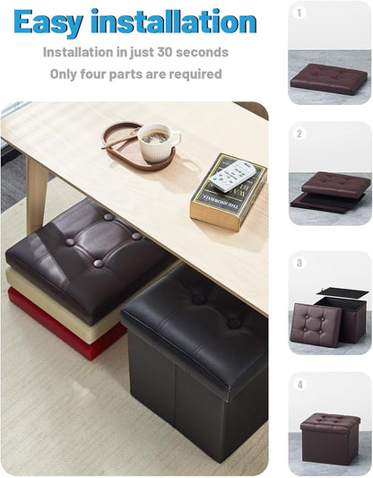 AmasSmile Storage Ottoman Folding Foot Rest Stool, Leather Footstool Bench, Short Ottoman Stool, Storage Foot Rest Store, Books (Brown, 17" D x 13" W x 13" H)