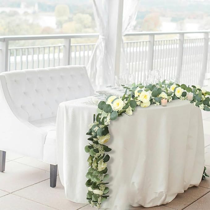 Artificial Eucalyptus Garland 2-Pack, 6.6 Ft Champagne Roses
