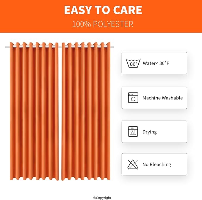 Outdoor Patio Curtain Waterproof Darkening Thermal Insulated Indoor Curtains for Bedroom, Porch, Living Room, Pergola, Cabana, W105 x L120 Extra Wide Room Divider, Orange, Set of 2 Panels