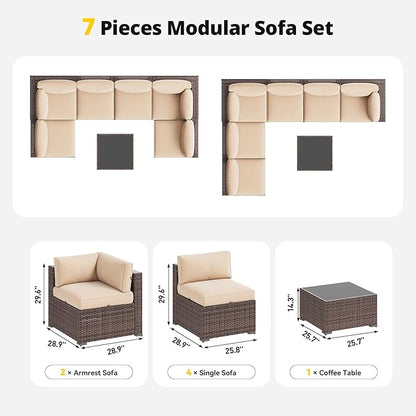 Aoxun Patio Furniture Set, 7 Piece Outdoor Sectional Sofas with Waterproof Cover, Wicker Rattan Outdoor Furniture Patio Conversation Set for Backyard, Garden (Brown Rattan Begin Cushions)