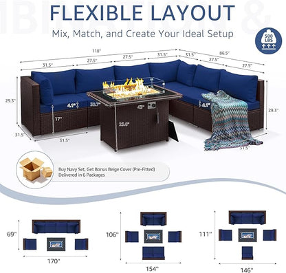 NICESOUL 7 Piece Large Size Patio Sectional Furniture Set with Firepit Propane/Natural Gas, 29.3'' High Back Outdoor Sofa Conversation Couch, Tall Wide Deep Sitting, Brown Rattan and Navy Cushion