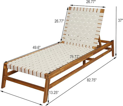 Christopher Knight Home Susua Rope Chaise Lounge with Acacia Wood Frame, Adjustable Backrest Single Lounge Sofa, Patio Sun Lounger Recliner Chair for Poolside Backyard, Teak + White