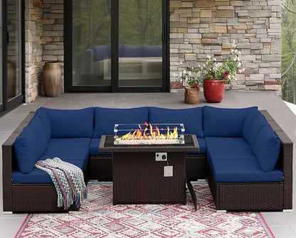 NICESOUL Large Size 9 Pcs Outdoor Patio Sectional Sofa Set with Firepit Natural Gas/Propane, 29.3'' High Back Conversation Sectional Couch Sets Deep Wide Sitting, Brown Rattan and Navy Blue Cushion