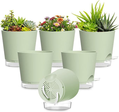 Plant Pots 6 Inch Self Watering Pots,6 Pack Plastic Planters with Drainage Holes and Clear Saucers,Plastic Flower Pots,Nursery Planting Pot for Indoor Out Door Plants (Green)