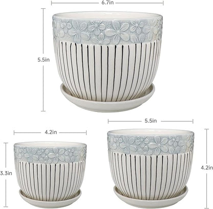 Ton Sin Grey Flower Pots,Texture Planter for Indoor Plants Set of 3 Ceramic Flower Pots with Saucer,Cute Garden Pots Succulent Pots（3 Pack,Grey
