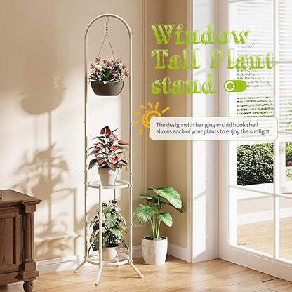 BMOSU Plant Stand with Hooks Indoor Outdoor Corner Tall Plant Stand Heavy-Duty Metal 3-Tier Plant Shelf Holder Rack for Patio Garden Balcony Living Room Bedroom(circular White)