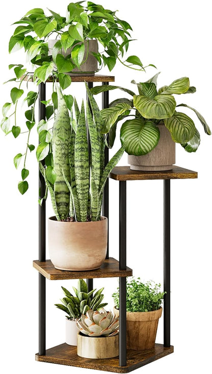 Tall Plant Stand Indoor 4 Tiered Plant Shelf for Multiple Plants Coner Shelf Stand Wood Plant Stand Metal Shelving for Living Room Bedroom Balcony Patio Brown Oak