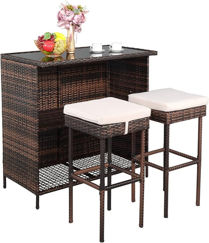 Outvita Wicker Patio Outdoor Bar Set with Glass Top Table and Two Cushioned Stools Brown Backyard Furniture Poolside, Garden, Porches