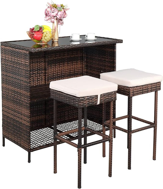 Outvita Wicker Patio Outdoor Bar Set with Glass Top Table and Two Cushioned Stools Brown Backyard Furniture Poolside, Garden, Porches