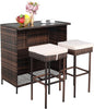 Outvita Wicker Patio Outdoor Bar Set with Glass Top Table and Two Cushioned Stools Brown Backyard Furniture Poolside, Garden, Porches