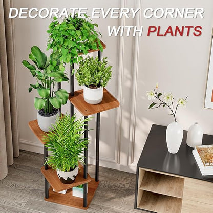 AZERPIAN Plant Stand 5 Tier Indoor Metal Flower Shelf for Multiple Plants Corner Tall Flower Holders for Patio Garden Living Room Balcony Bedroom, Walnut (5 Tier-Walnut)