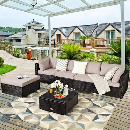 Tangkula 6 Piece Patio Furniture Set, Outdoor Deck Lawn Backyard Durable Steel Frame PE Rattan Wicker Sectional Sofa Set, Conversation Set with Coffee Table (Beige)