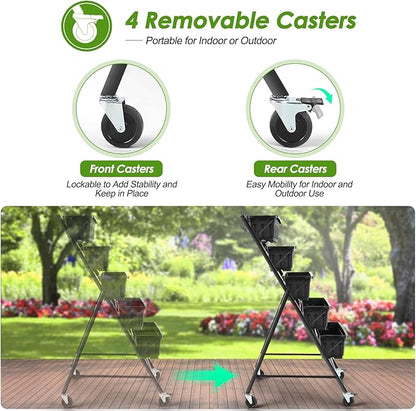 Homdox 4FT Vertical Garden Bed, 5 Tiers Raised Garden Planter, 25.6 * 26 * 48Inch with 4 Hooks & 4 Wheels, Vegetable Flower Stand for Garden Patio Yard, Black