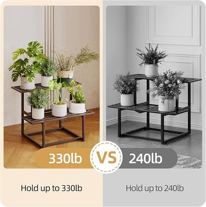 Metal Plant Stand, Foldable Heavy Duty Indoor, Window Iron Plant Shelf - Mid Century Modern Slatted Display for Patio, Garden, Living Room Load Bearing 330 lbs 26" L x 20.2" H x 17.7" W 2 Tier Coffee