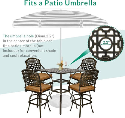 VIVIJASON 5-Piece Bar Height Patio Dining Set, Rust-Free Cast Aluminum Outdoor Table and Chairs Set with 4 Swivel Bar Stools, Cushions & 35.4" High Bar Table w/Umbrella Hole for Deck, Lawn, Garden