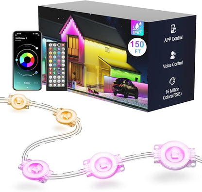 Fussion Permanent Outdoor Lights for House, 150ft RGB Halloween House Lights Outdoor with APP Remote Control, IP67 Waterproof Smart Eternity Eaves Lighting for Christmas, Holiday, Party, Daily