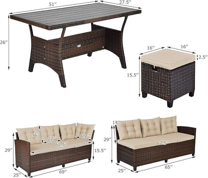 Tangkula 5 PCS Patio Furniture Set, Outdoor Conversation Set with 6 Cushioned Seat 2 Ottomans & Coffee Table, All Weather Wicker Dining Table Set with Ottoman, Rattan Sectional Couch Sofa Set