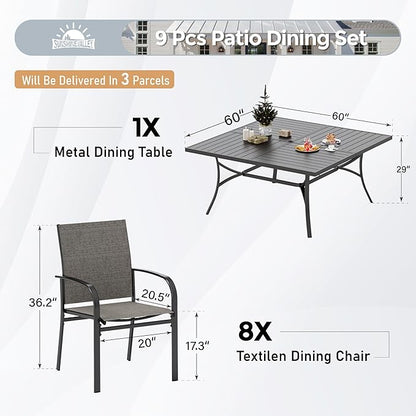 Patio Dining Set for 8, 60" x 60" Square Metal Table with Umbrella Hole, 8 x Stable Brown Dining Chairs, Outdoor Table and Chairs Set for Lawn Backyard and Deck