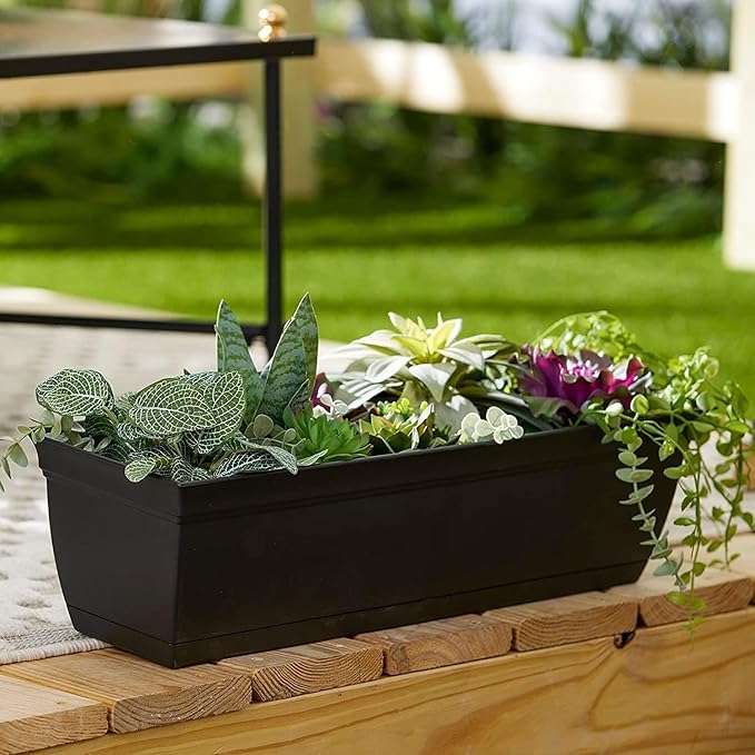 The HC Companies 30 Inch Eclipse Window Planter Box with Drainage Holes & Attached Saucer, Lightweight UV-Resistant Plastic Indoor & Outdoor Planters, 2-Pack Flower Box for Garden & Home Decor, Clay