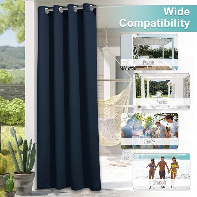 NICETOWN Outdoor Patio Curtain Waterproof, Sun Blocking Weatherproof Porch Decor Thermal Insulated Outside Covering Privacy Shades for Garden/Deck, W52 x L72 inches, Navy Blue, 1 Panel