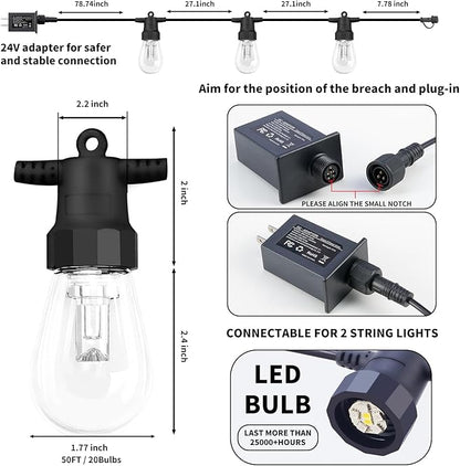 Outdoor String Lights 100FT (2×50FT), Patio Lights with 40 Dimmable RGBW LED Bulbs, IP66 Waterproof & Shatterproof, APP & Remote Control, 24V Adapter, Color Changing Lights for Backyard Decor