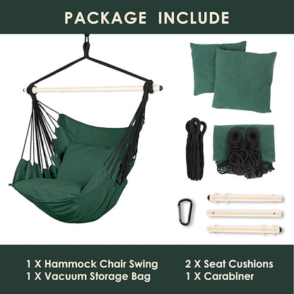 Highwild Hammock Chair Hanging Rope Swing - Max 500 Lbs - 2 Cushions Included - Steel Spreader Bar with Anti-Slip Rings - for Any Indoor or Outdoor Spaces (D- Cushions Included-Green)