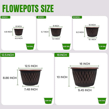 6 Pack 8 Inch Retro Plant Pots, Vintage Striped Flower Pots with Drainage Hole & Saucer, Large Plastic Planters for Indoor and Outdoor Plants, Decorative Garden Pots(Copper)