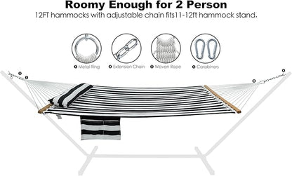 2 Person Hammocks for Outside, Double Quilted Fabric Outdoor Hammock with Spreader Bar, Large Removable Pillow, Storage Pockets, Carabiners, Max 475 lbs Capacity (Black White)
