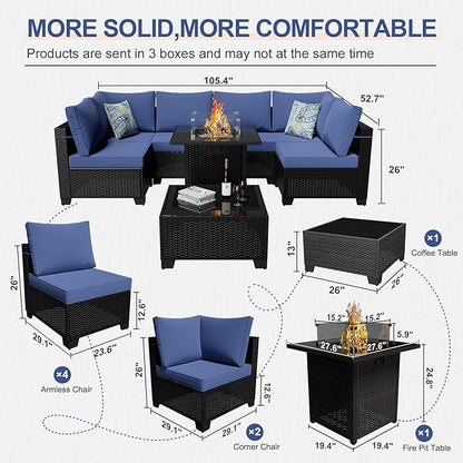 8-Piece Patio Furniture Set with 50,000 BTU Fire Pit Table - Wicker Outdoor Sectional Sofa Set for Backyard Deck Garden (Brown/Blue)
