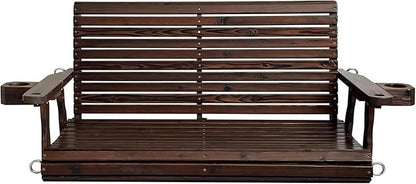 Wooden Porch Swing 2-Seater, High Backrest and Deep Seat, Bench Swing with Cupholders, Hanging Chains and 7mm Springs, Heavy Duty 880 LBS, for Outdoor Patio Garden (Deep Brown, 4.5 feet Extra-Large)