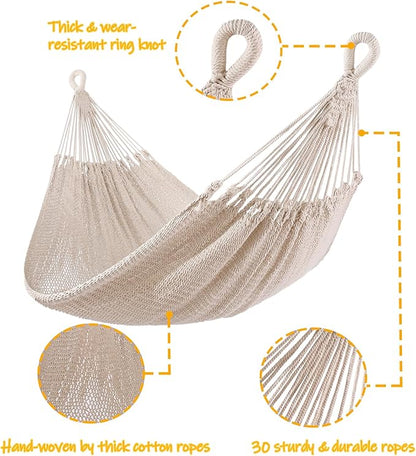 ZEAN Handwoven Hammock by Thick Cotton Rope XL Two Person Hammock for Outside, Patio Backyard Garden 550LB Capacity